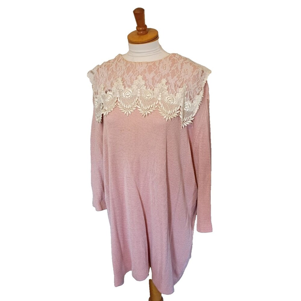 90s Vintage Pink Knit Dress with Lace Collar Cottage/Grandma core Size 18